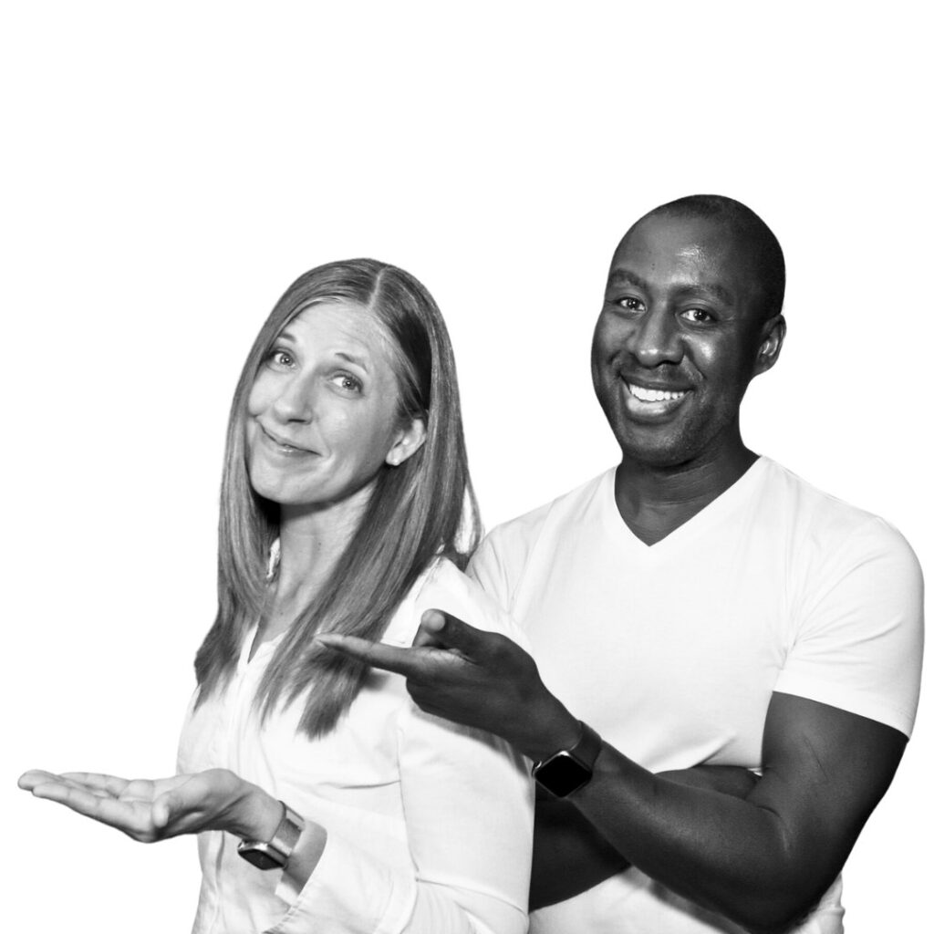 Black and white, cutout photo of the owners of The Art Of Online Business, Jaimie and Kwadwo Sampany-Kessie, both gesturing towards the headline.